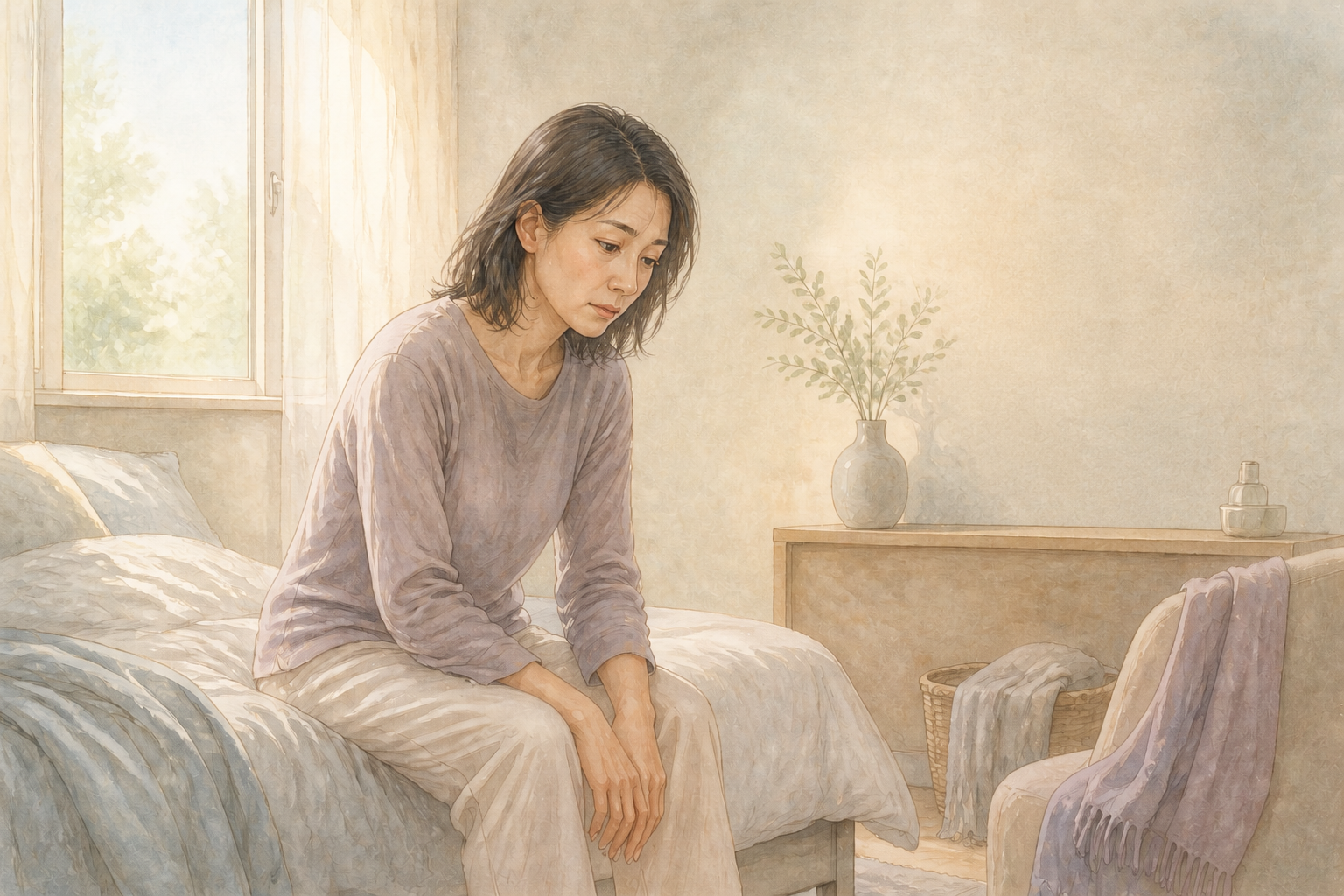 朝の光の中で疲れやすさや気分の落ち込みを感じる40代後半の女性を描いた淡い水彩イラスト