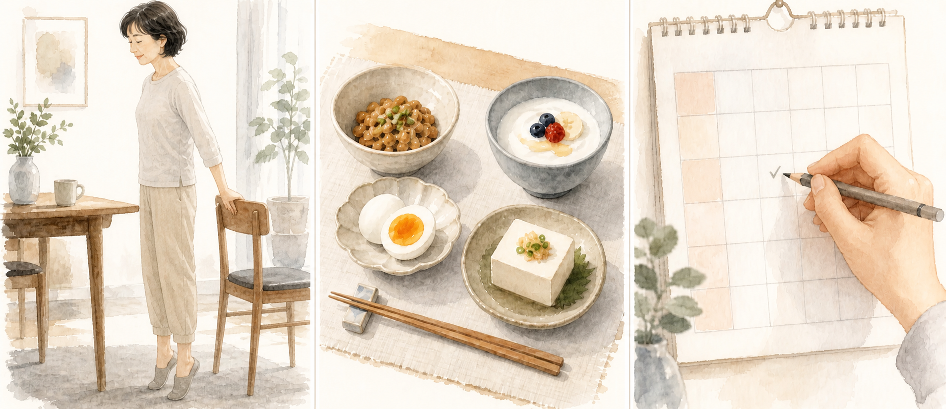 爪先立ち・朝食・カレンダーの3つの習慣を描いた水彩イラスト
