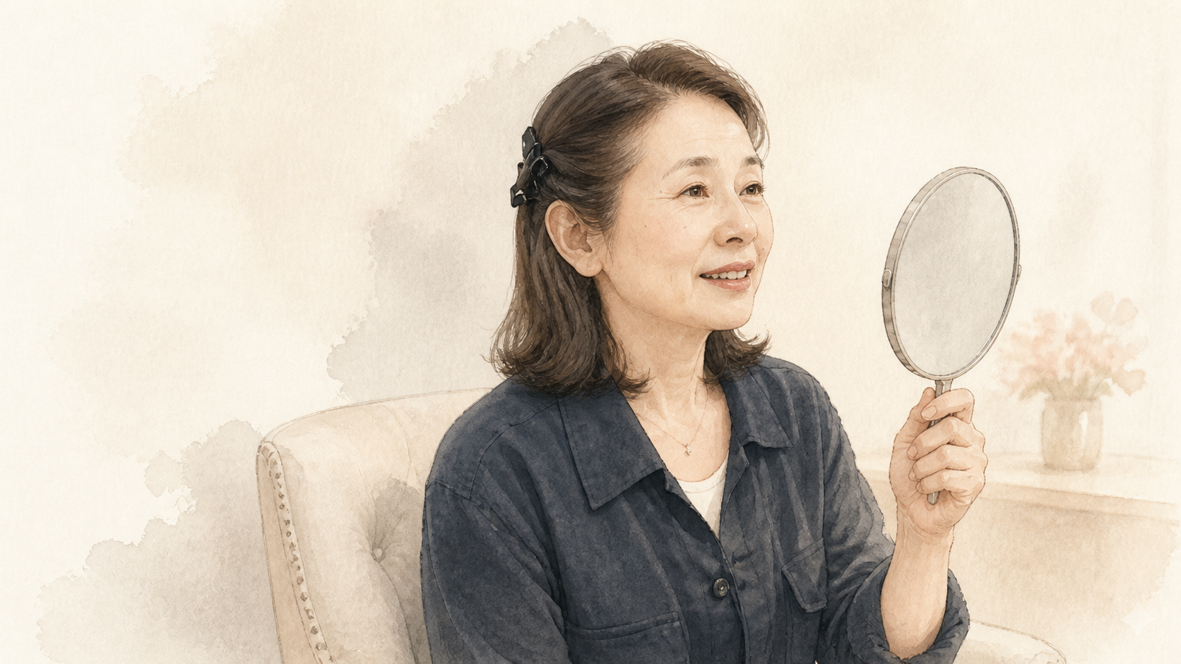 施術後に手鏡を見ながら、驚きと喜びが混じった表情を見せる女性の水彩イラスト