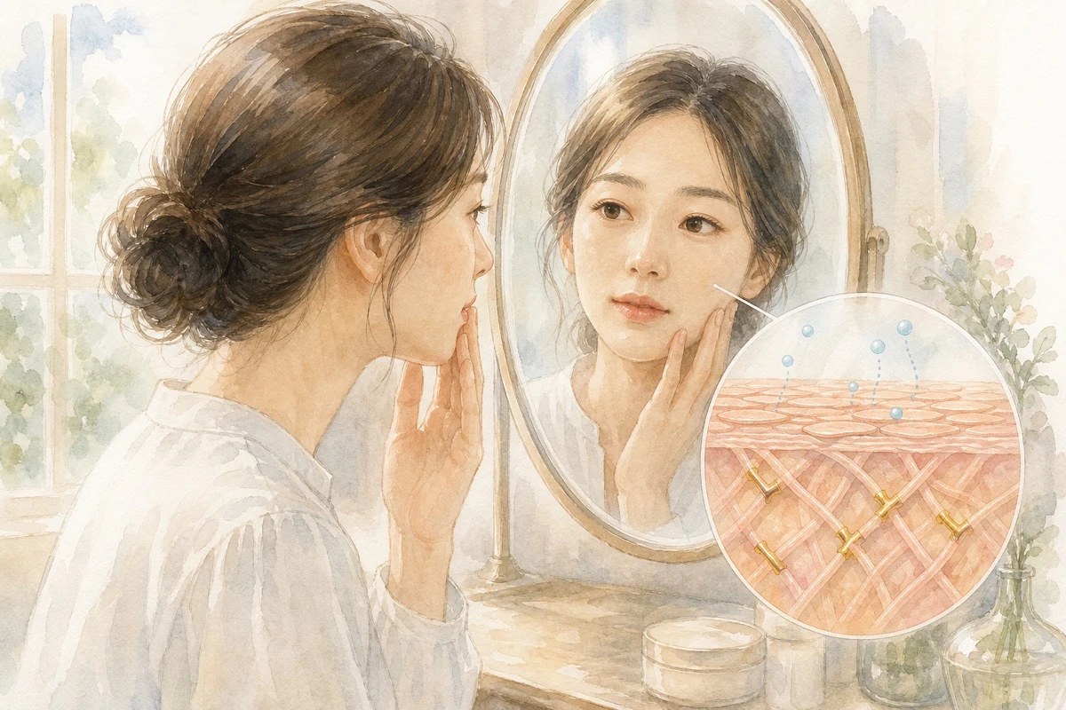鏡に向かう女性と、真皮のコラーゲン線維のあいだに金色の橋が架かり、水分が逃げていくようすを拡大して描いた水彩イラスト