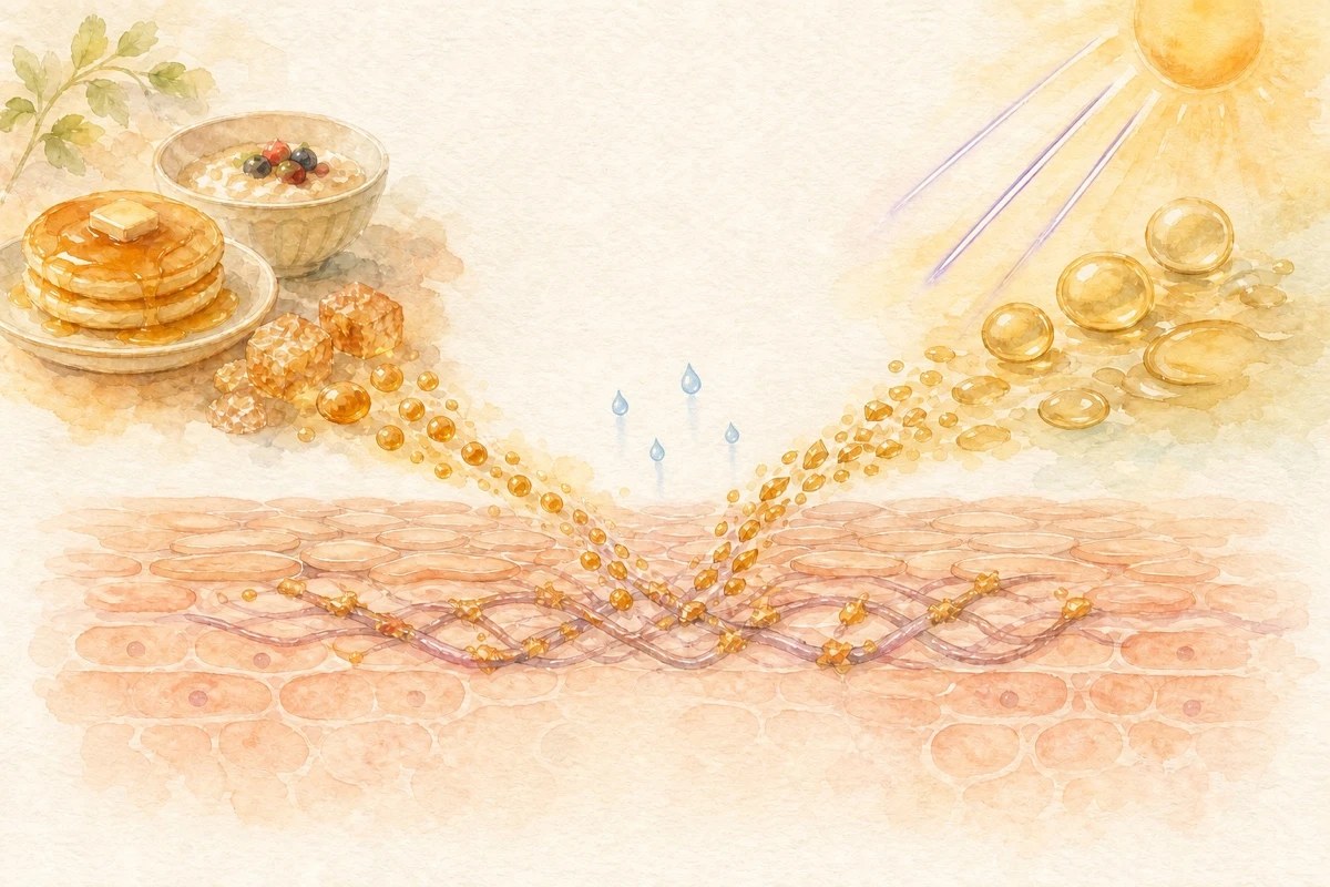 食事に由来する糖と、紫外線で酸化した皮脂。二つの経路から生じた物質が肌の内部でコラーゲンに結びついていくようすを描いた水彩イラスト