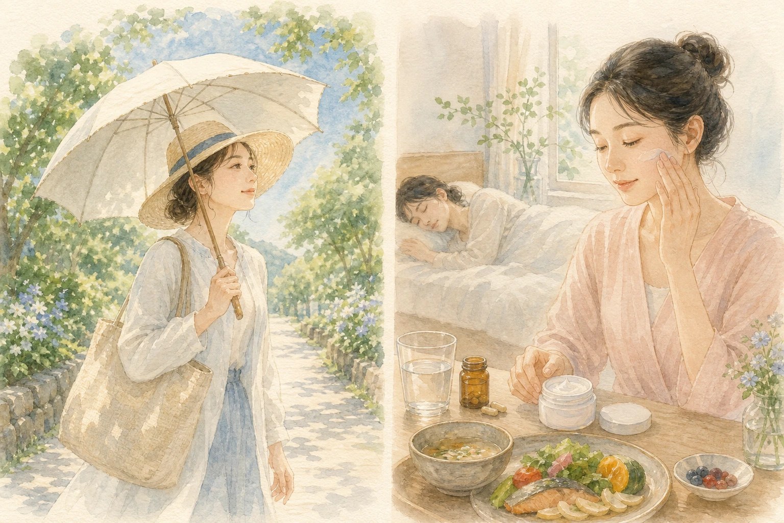 日傘と帽子で紫外線を遮る屋外の場面と、睡眠・食事・サプリメント・スキンケアで整える室内の場面を並べた水彩イラスト