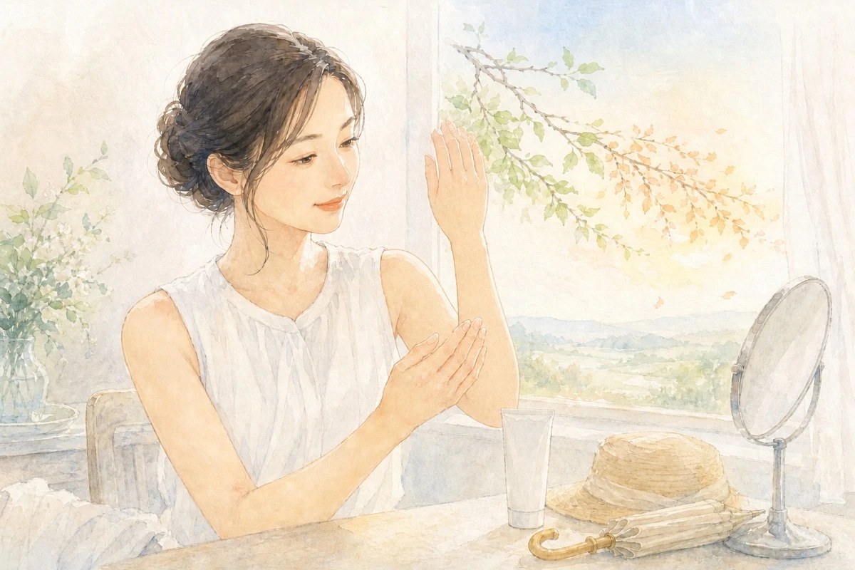 窓辺で自分の腕を見つめる女性。机には日焼け止め、麦わら帽子、日傘、鏡が置かれている水彩イラスト
