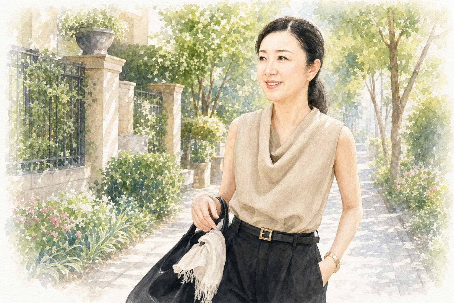 穏やかな時間の中で散歩を楽しむ吉野真由美さんのイメージ