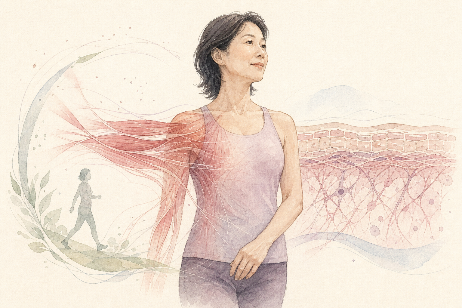 更年期前後の体と肌の変化を穏やかに表現した水彩イラスト