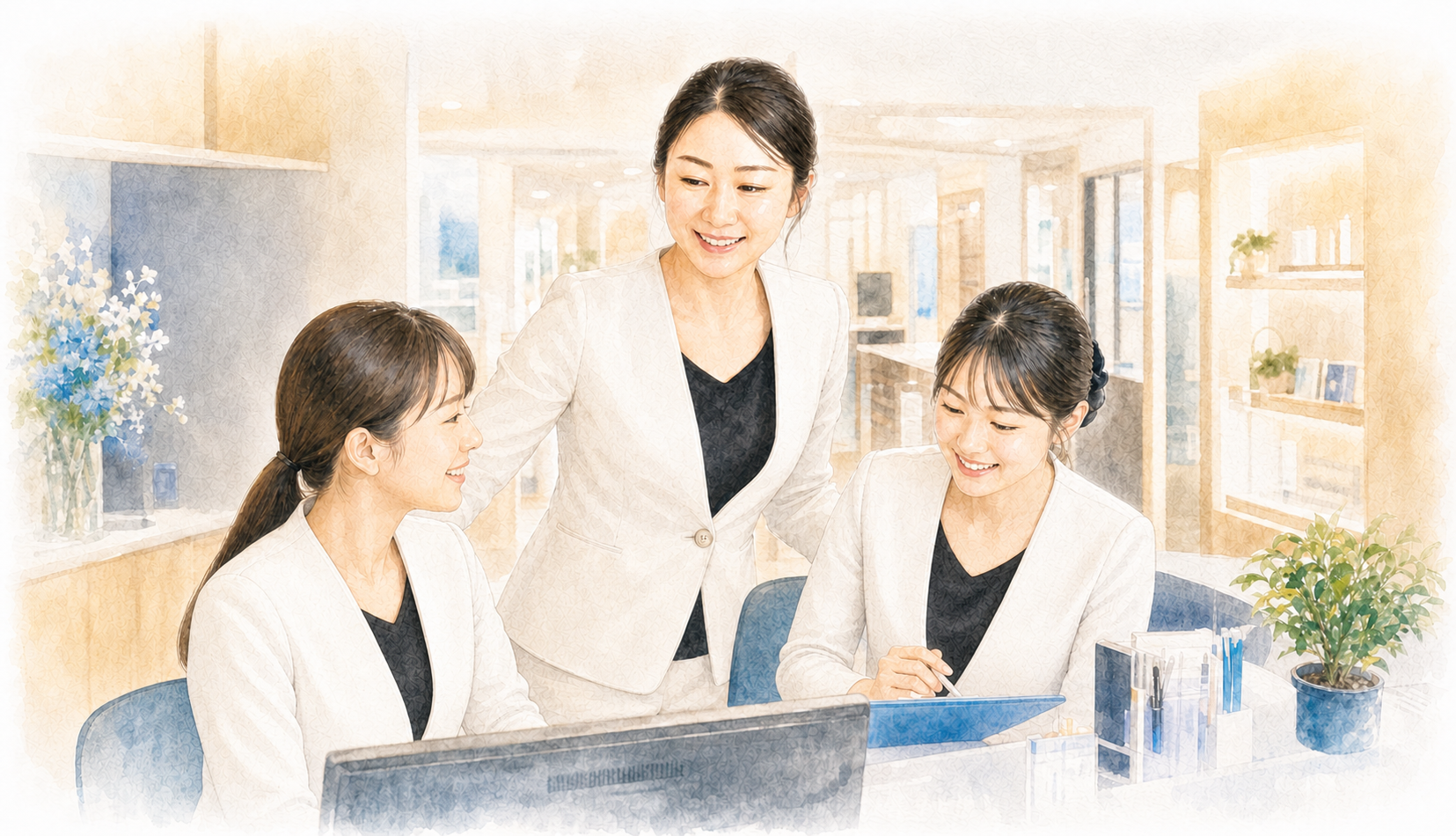 吉冨瑞穂さんが後輩スタッフを支える未来を描いた水彩イラスト