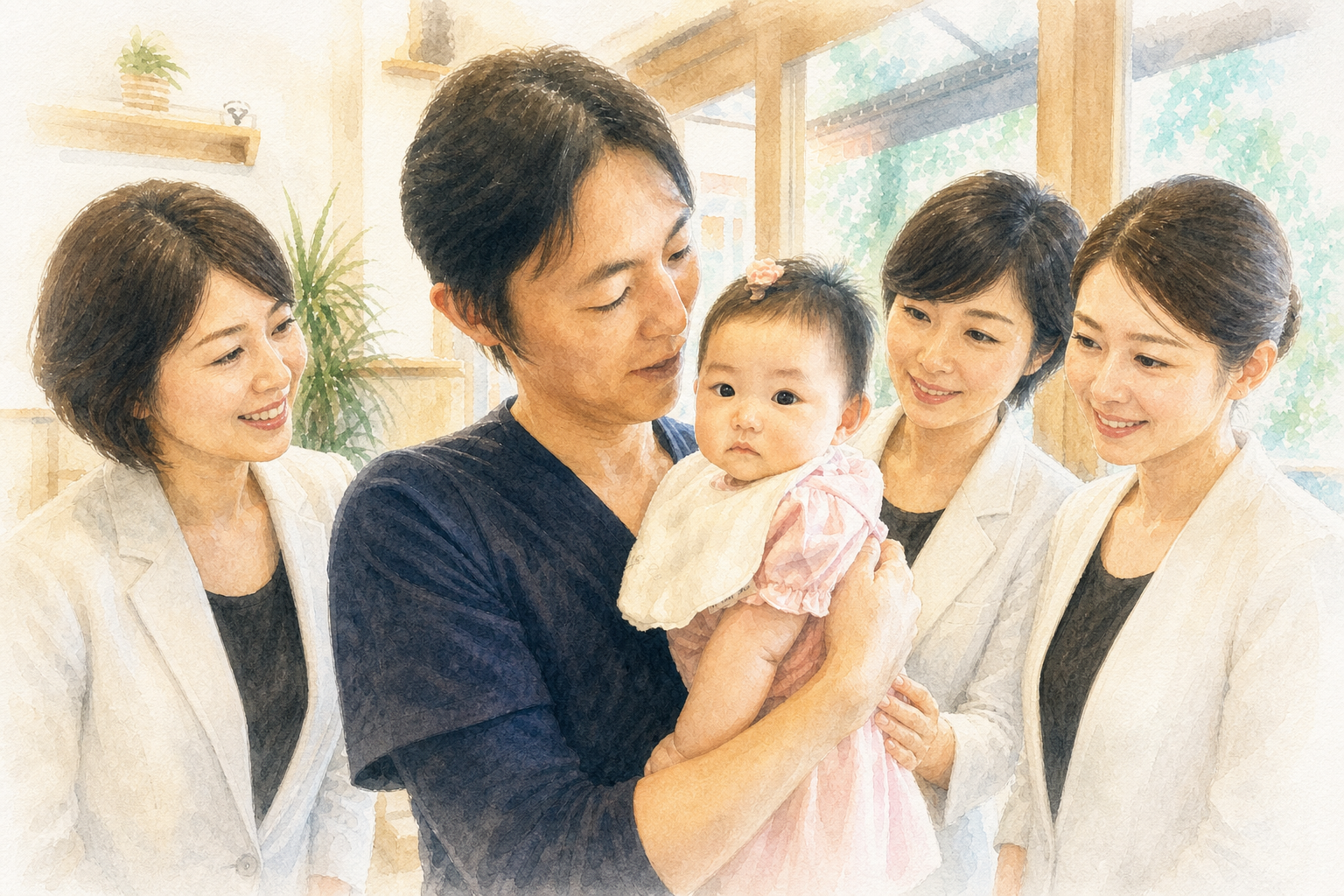 謙太郎先生が当時1歳の吉冨さんのお嬢さんを抱っこしている水彩イラスト
