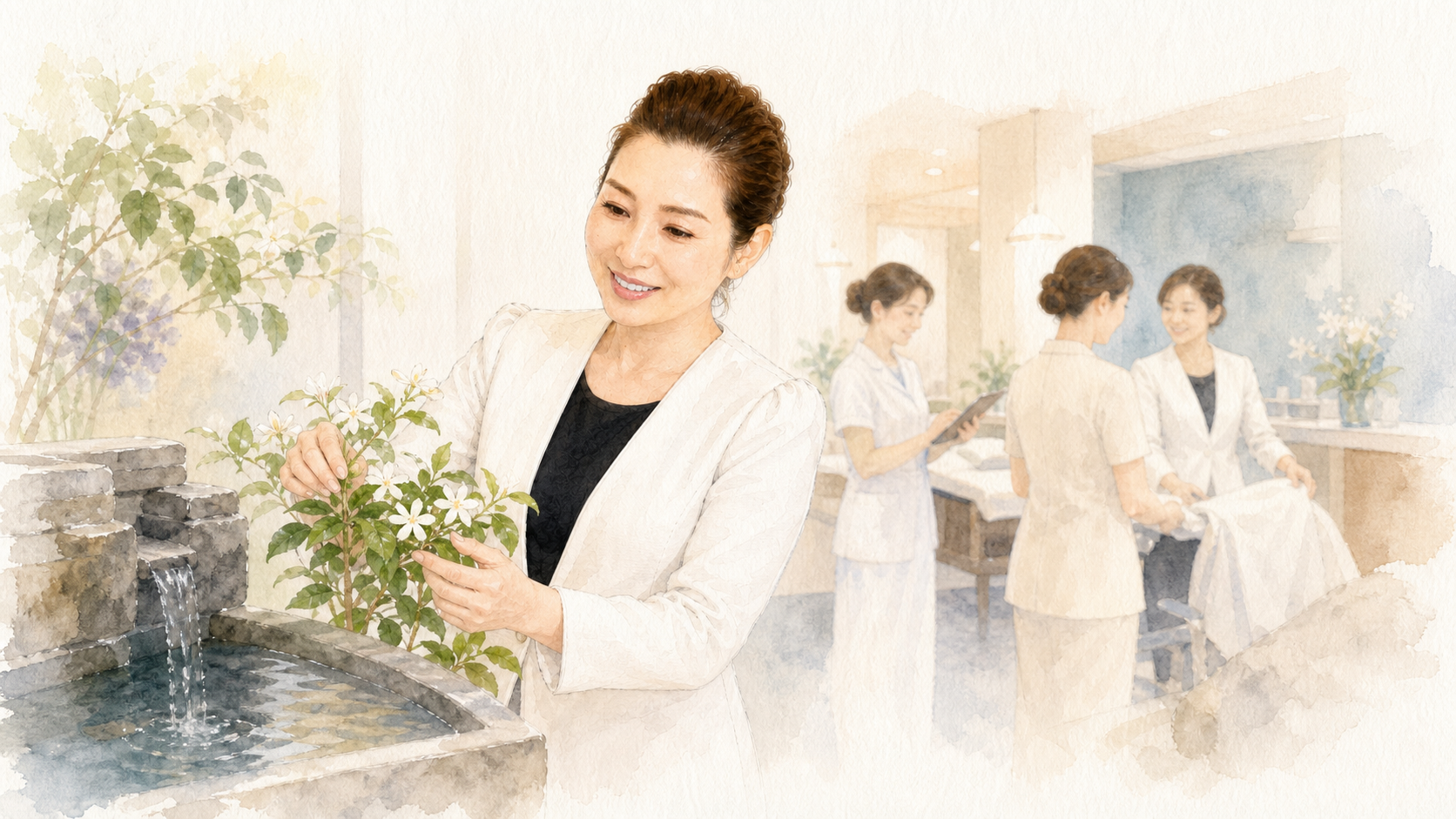 院内の植物とチームを見守る奥田公子さんの水彩イラスト