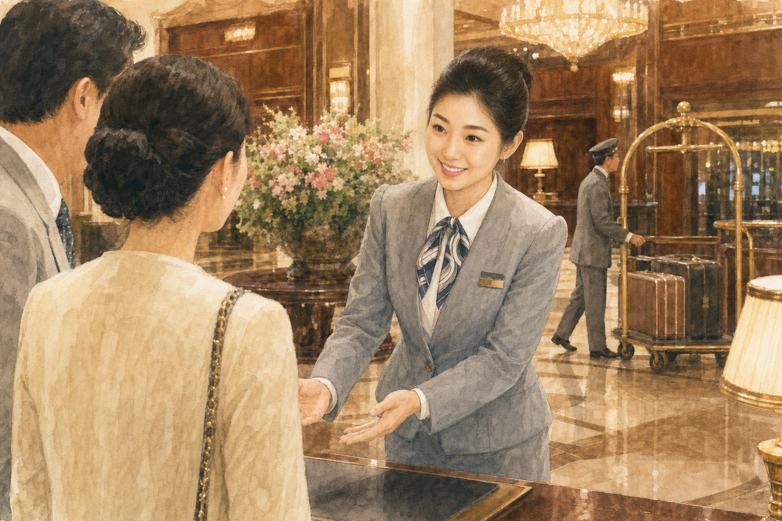 帝国ホテルで富裕層のお客様に応対する奥田公子さんの水彩イラスト