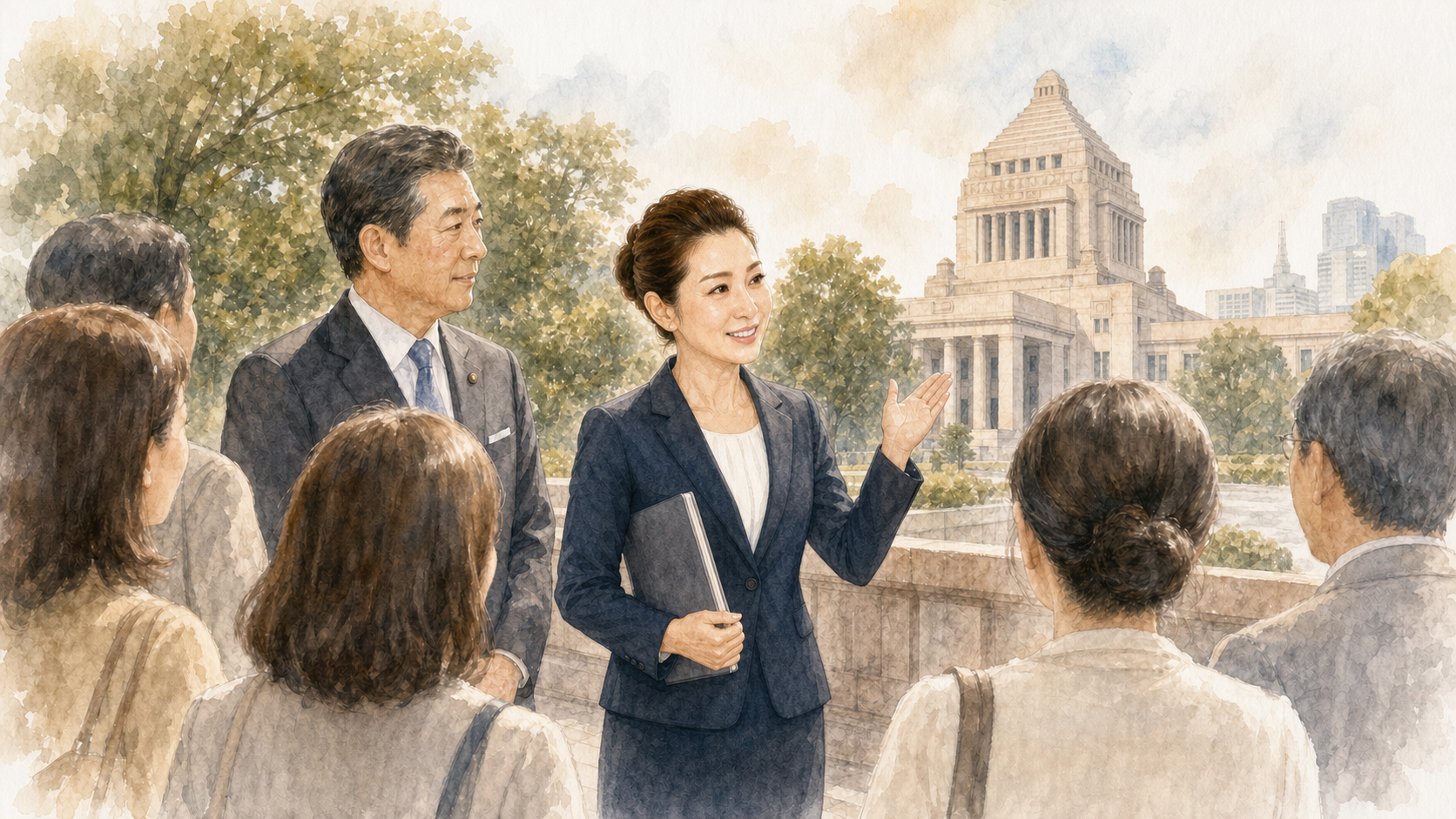 私設議員秘書として国会議事堂ツアーを案内する奥田公子さんの水彩イラスト