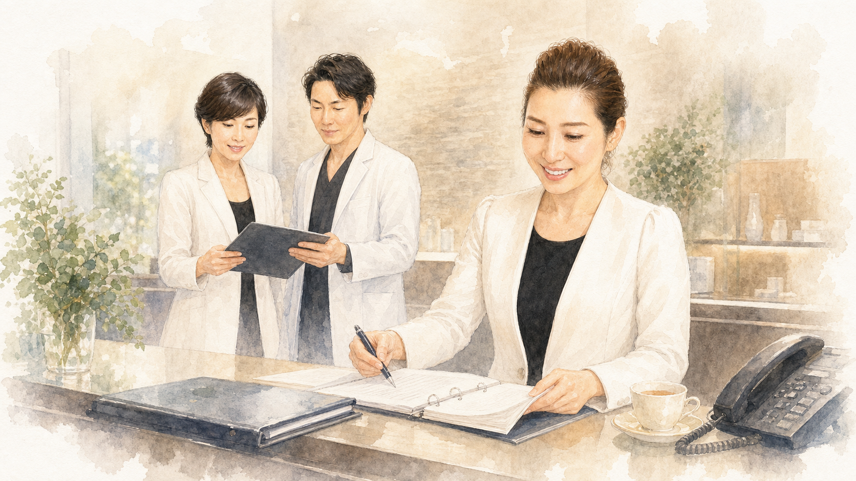 美香子先生と謙太郎先生の秘書兼総務として働く奥田公子さんの水彩イラスト