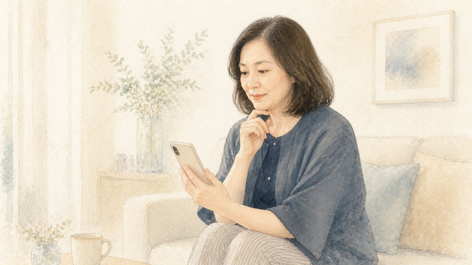 今回の患者様をイメージした、スマートフォンでクリニックを調べる50代女性の水彩イラスト