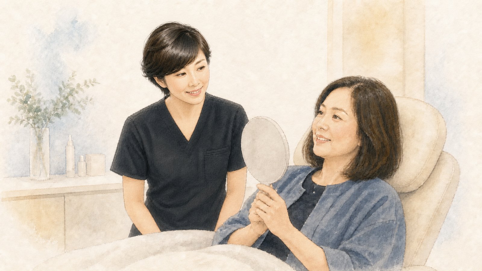施術後、手鏡で自分の顔を見ている患者様と、そばで様子を見ている医師の水彩イラスト