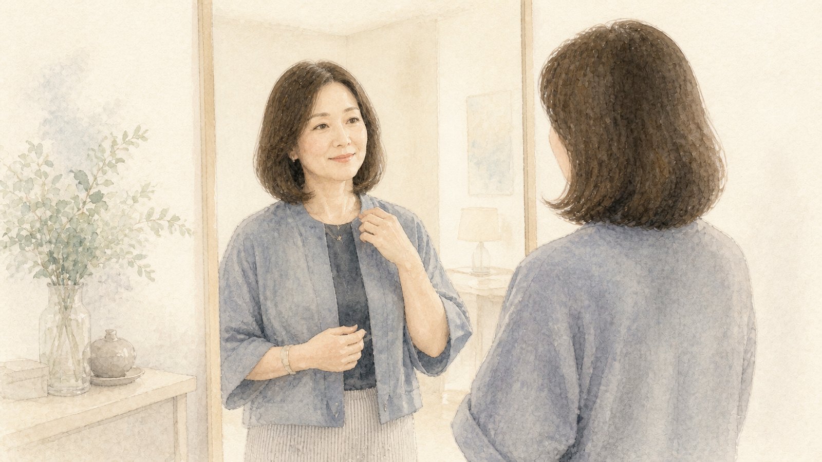 今回の患者様をイメージした、外出の準備をしながら鏡を見る50代女性の水彩イラスト