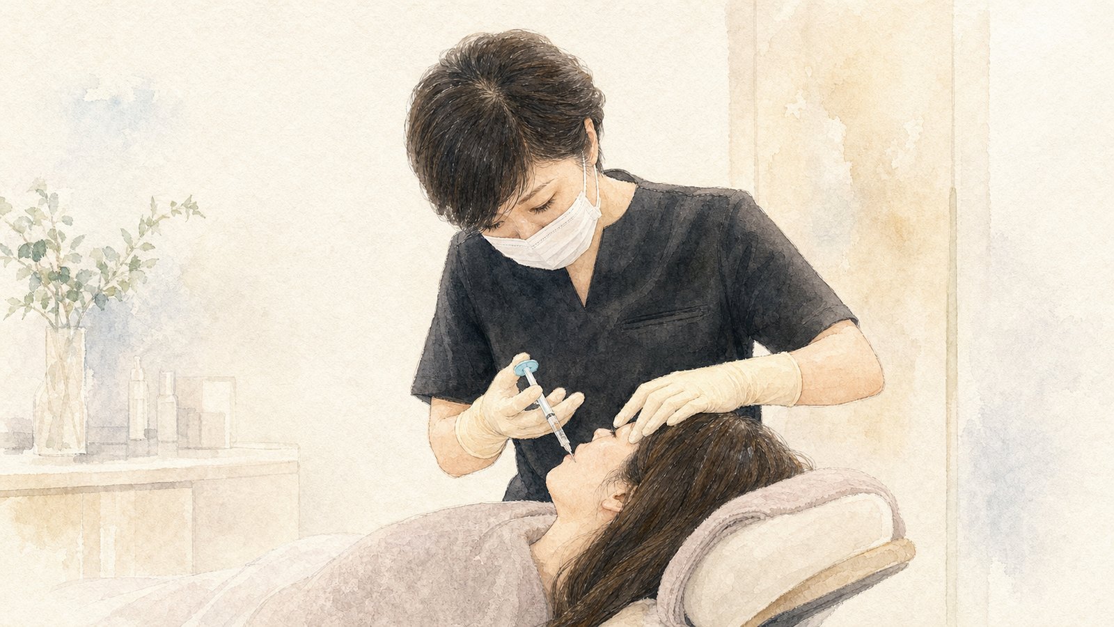 医師が患者様へ注入治療を行う場面の水彩イラスト