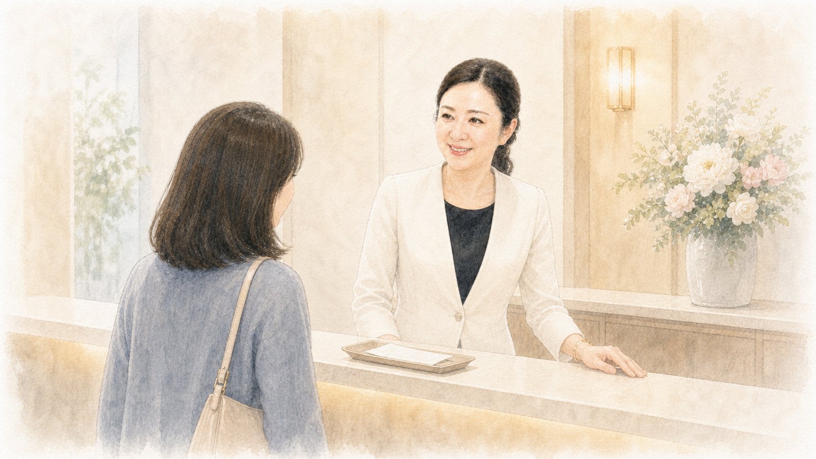 会計カウンターで患者様に声をかけるコンシェルジュの水彩イラスト