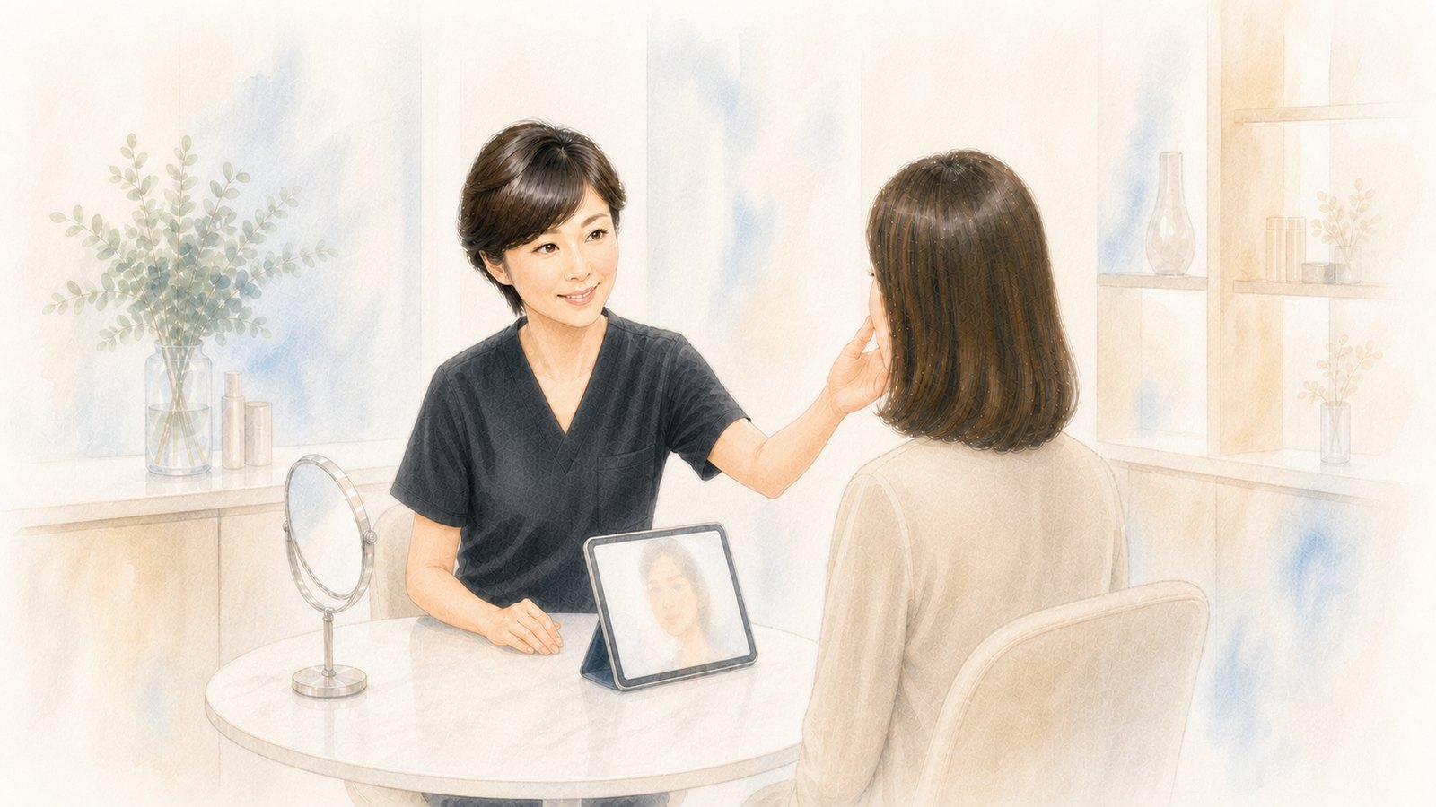診察室で、副院長 奥美香子が患者様の顔に触れて状態を確かめながら治療の優先順位を相談している水彩イラスト