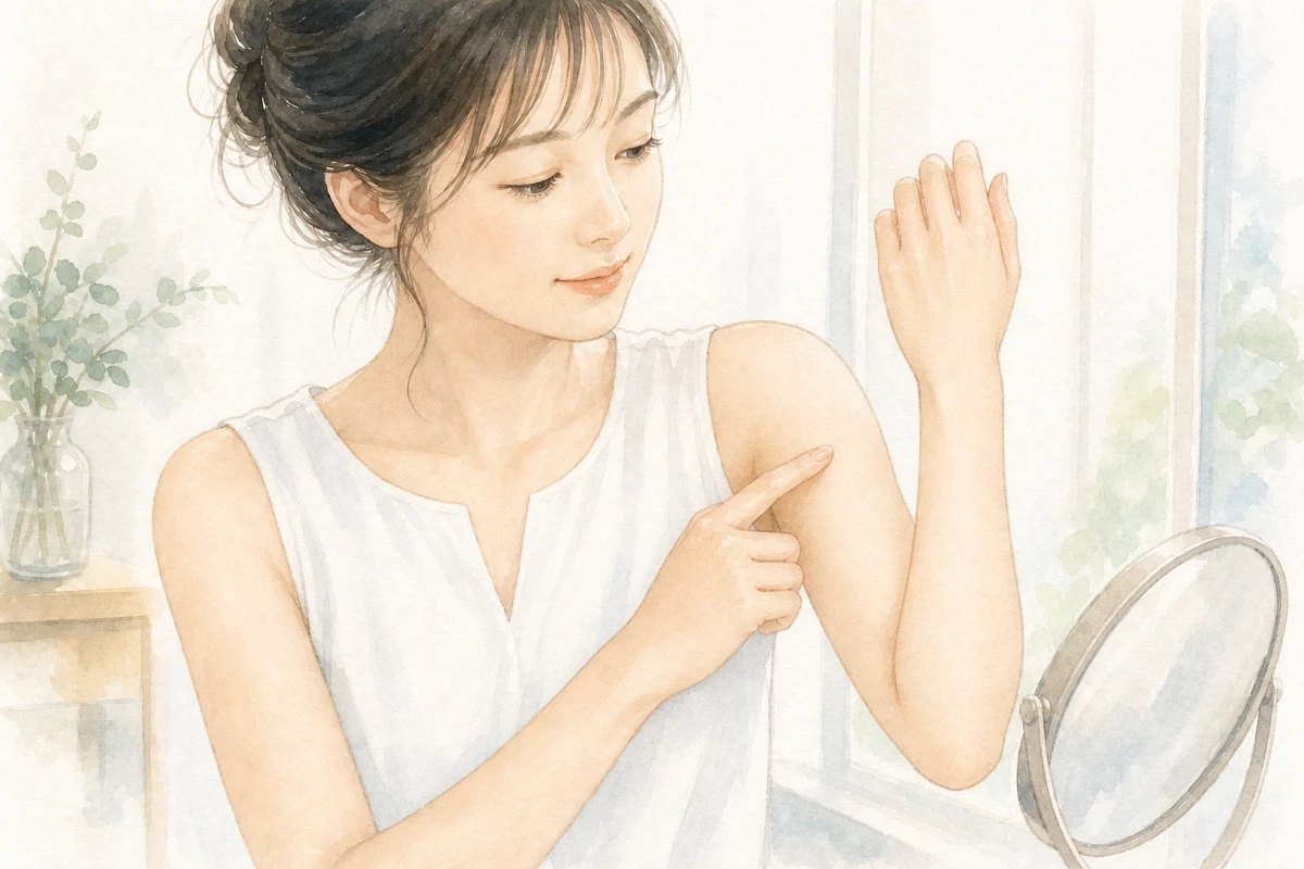 袖をまくり、二の腕の内側と手の甲を見比べる女性の水彩イラスト
