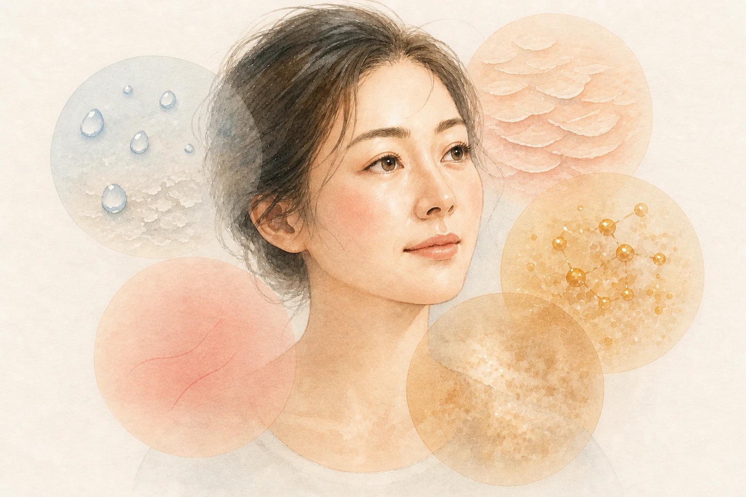 女性の横顔のまわりに、水滴（乾燥）、赤みのさした肌（血色）、角層の重なり（角質）、糖化を思わせる分子模型、酸化を思わせる琥珀色のにじみが半透明の円で重なった水彩イラスト