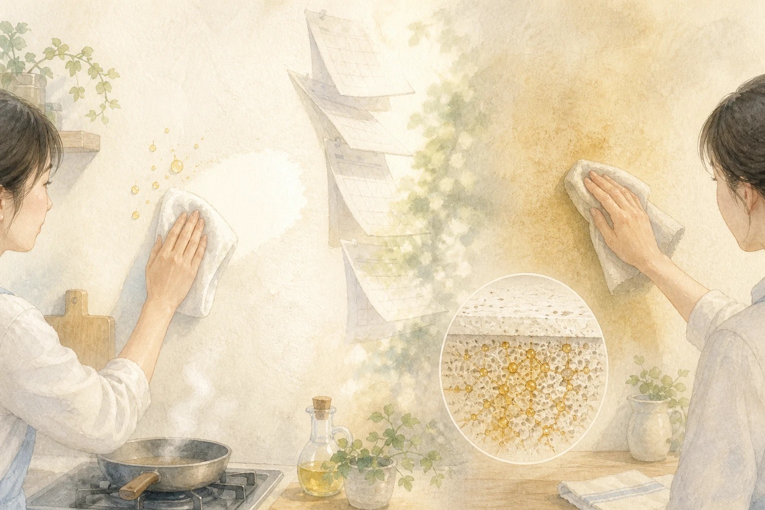 揚げ物をした直後の油を布で拭き取る様子と、年月が経って黄ばんだ壁を拭いても落ちない様子を並べ、油が壁の素材と結びついた断面を添えた水彩イラスト