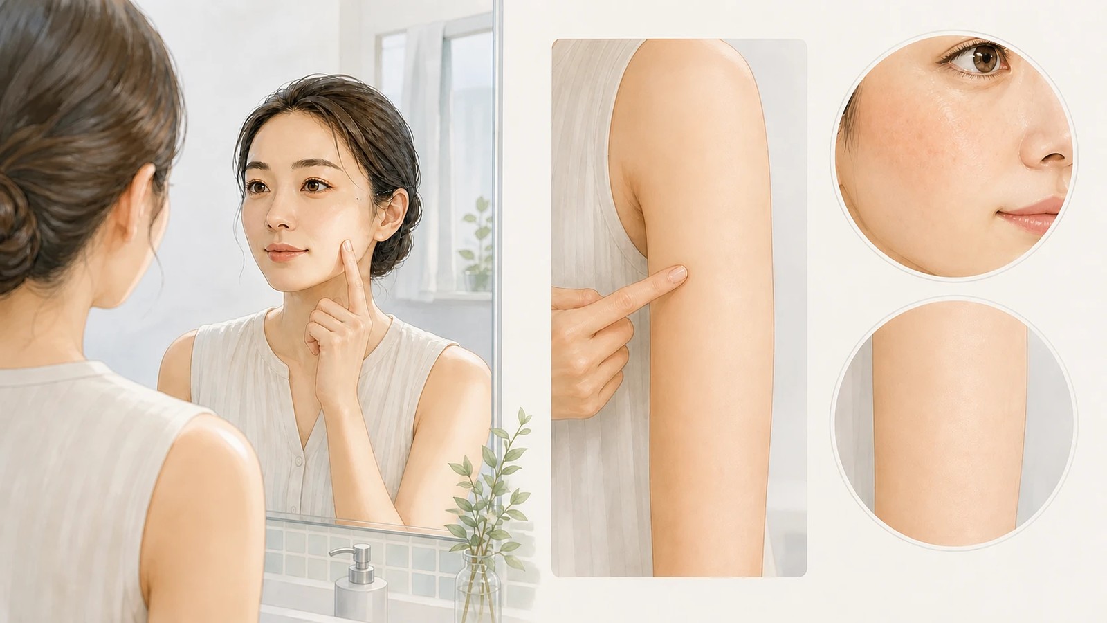 洗面所の鏡の前で頬に触れる女性と、二の腕の内側に触れる様子、そして頬と二の腕の内側の肌の質感を拡大して並べた水彩イラスト