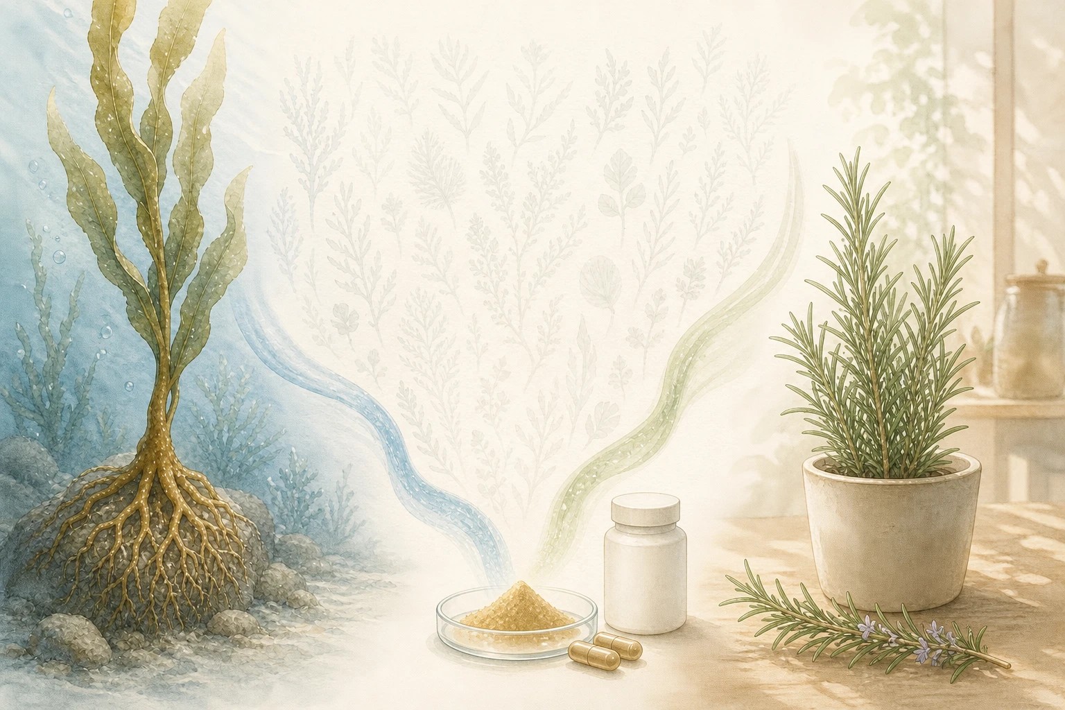 岩に張りついた昆布の仮根と、鉢植えのローズマリー。そのあいだに数百種の植物や海藻の影が並び、二筋の流れがカプセルと粉末に集まる様子を描いた水彩イラスト
