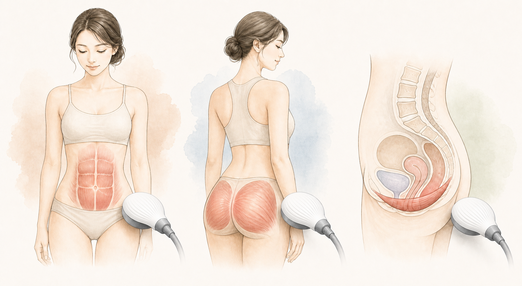 スティムシュアでご相談いただける腹部・臀部・骨盤底筋の3部位を示したイラスト