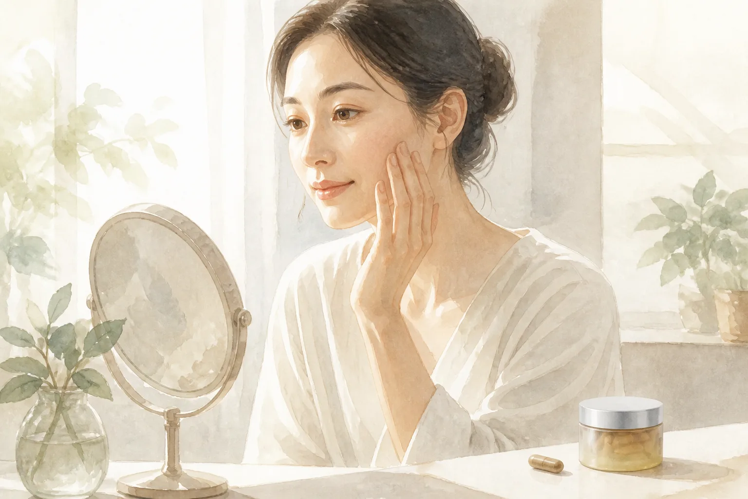 朝、鏡の前で肌に触れる女性の水彩画