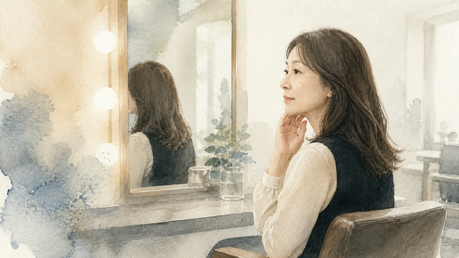 美容室の鏡の前に座り、照明の下で顎のあたりに手を当てる50代女性の水彩イラスト。ヒアルロン酸注入を受ける前のイメージ