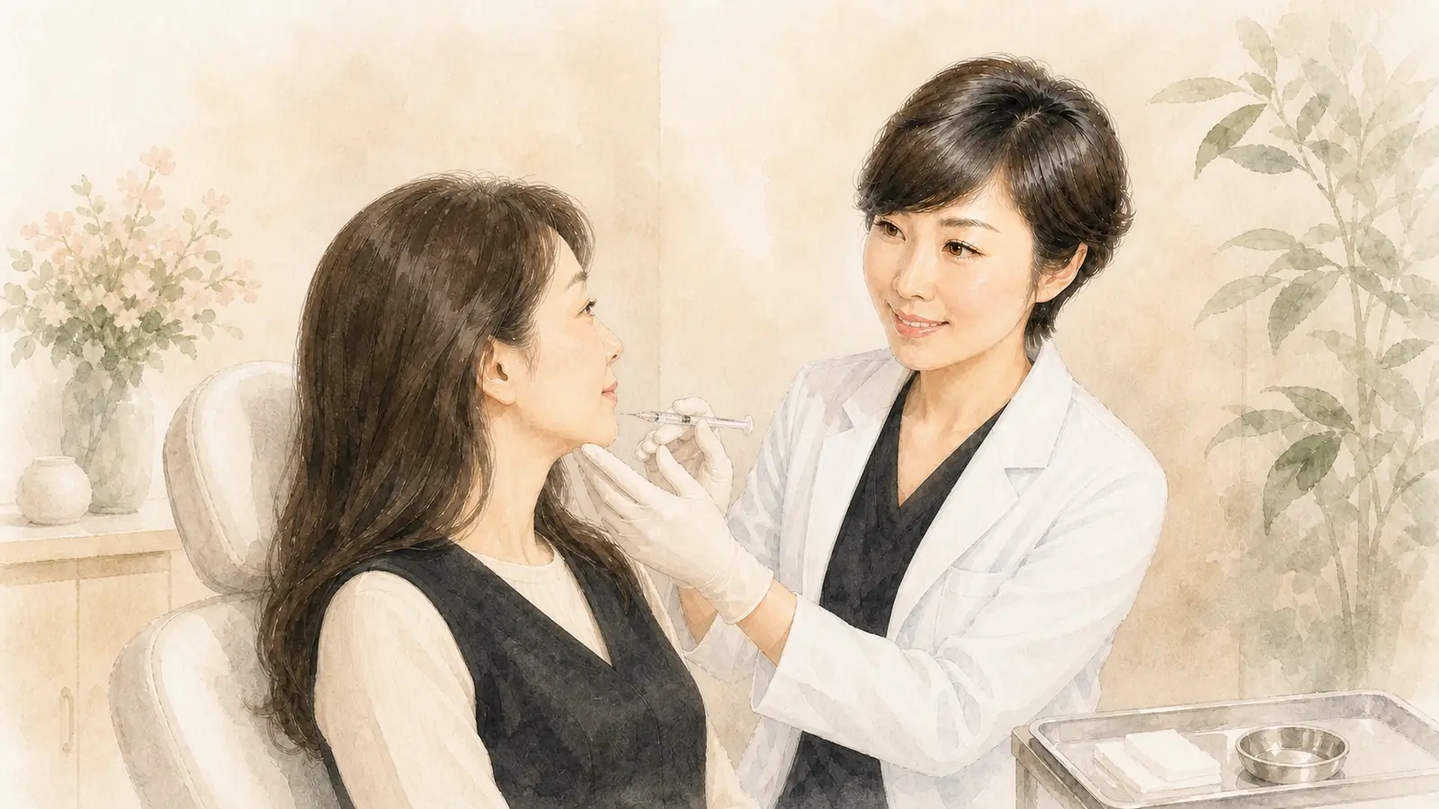 副院長 奥美香子が50代の患者様にヒアルロン酸注入を行っている水彩イラスト