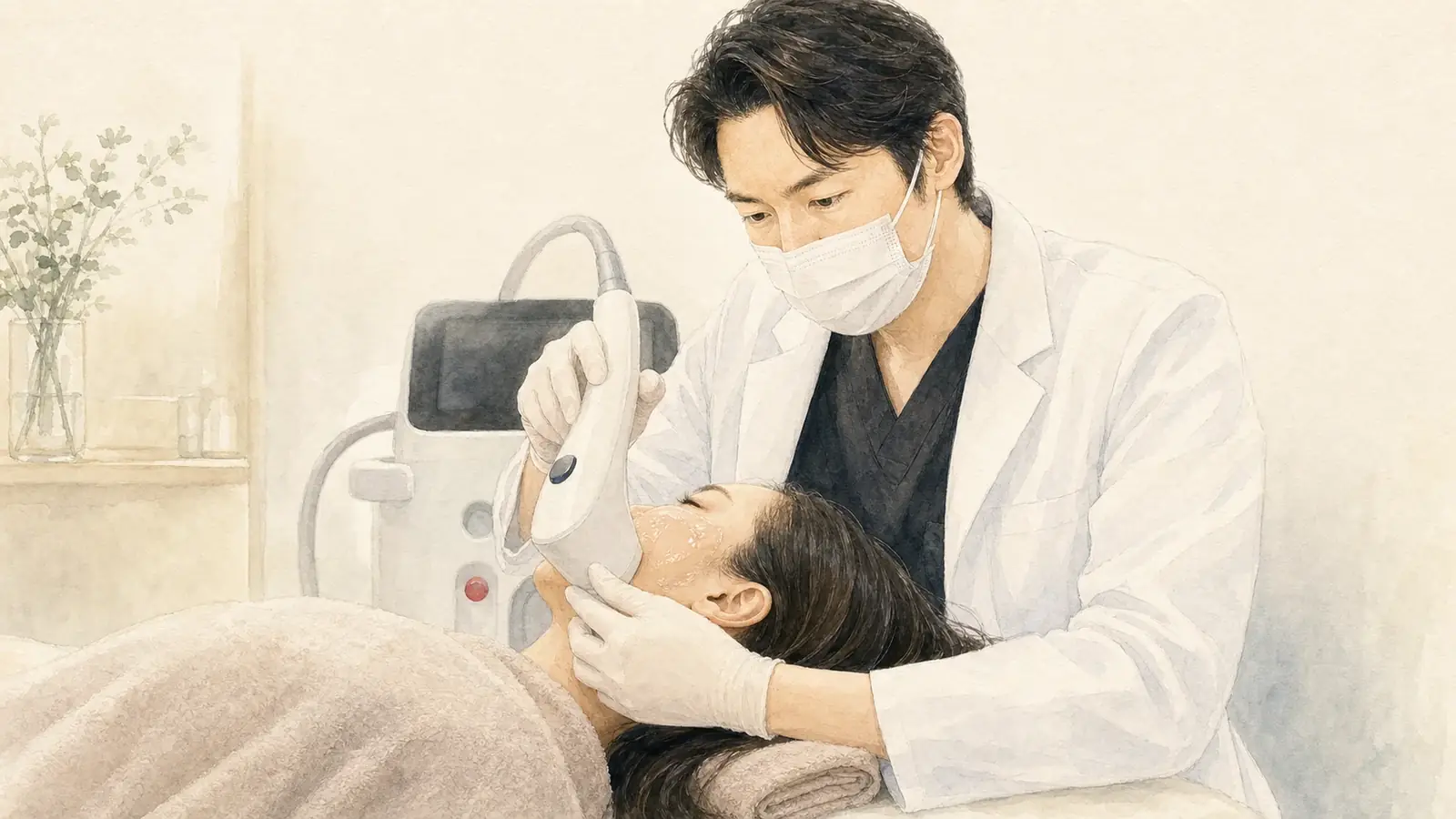 院長 奥謙太郎が50代の患者様にソフウェーブを照射している水彩イラスト
