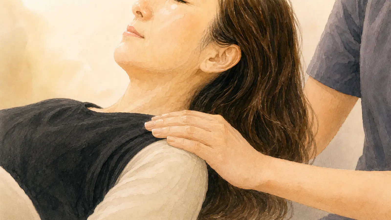 施術中、スタッフが50代の患者様の肩に手を添えている水彩イラスト