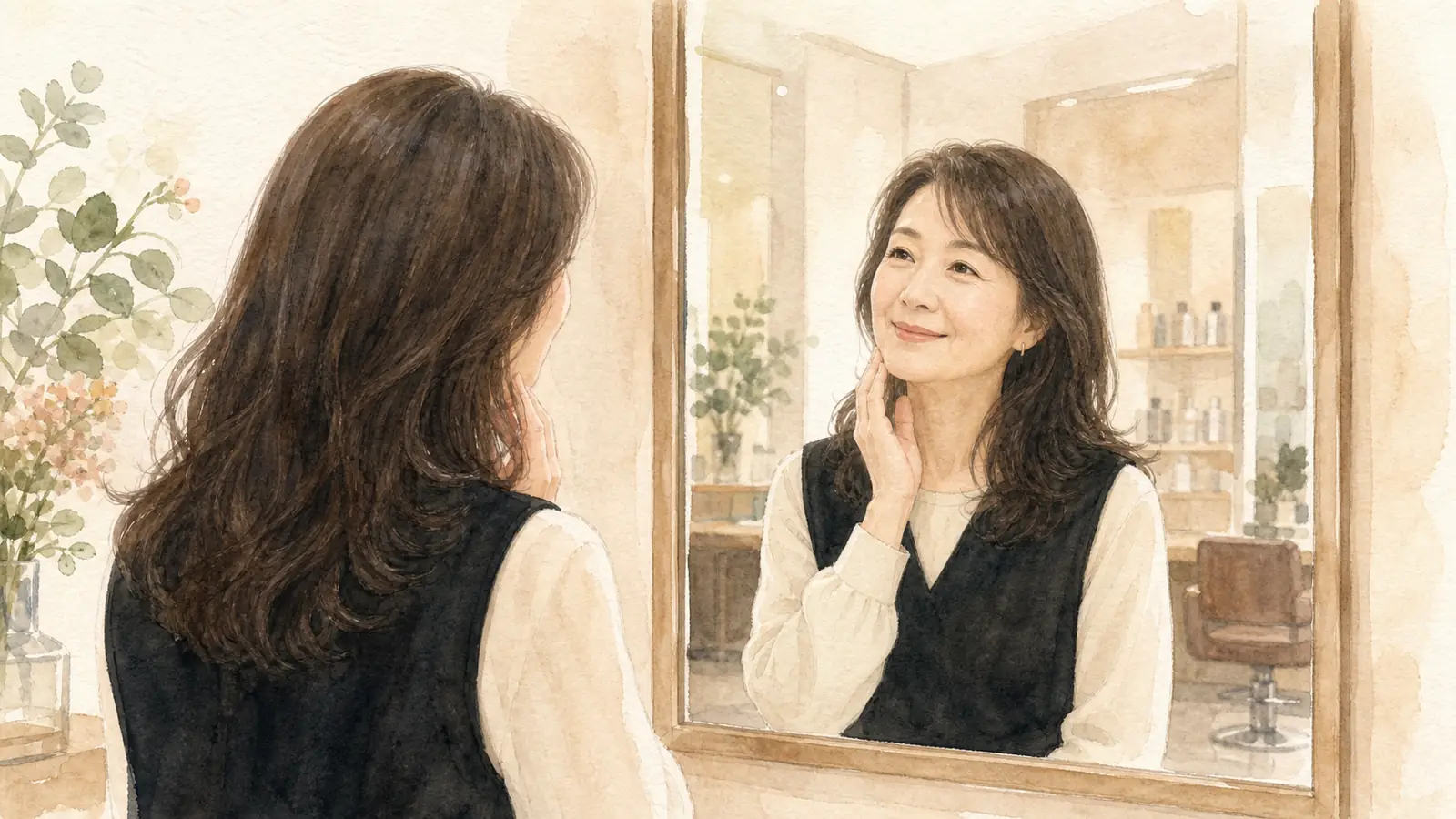 ヒアルロン酸注入から二週間後、美容室の同じ鏡で顎のラインを確かめる50代女性の水彩イラスト