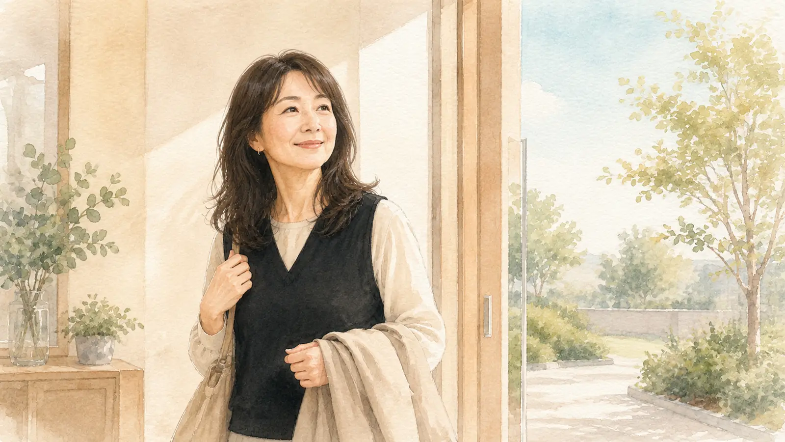 明るい戸口から外へ出ていく50代女性の水彩イラスト。治療後の日常のイメージ