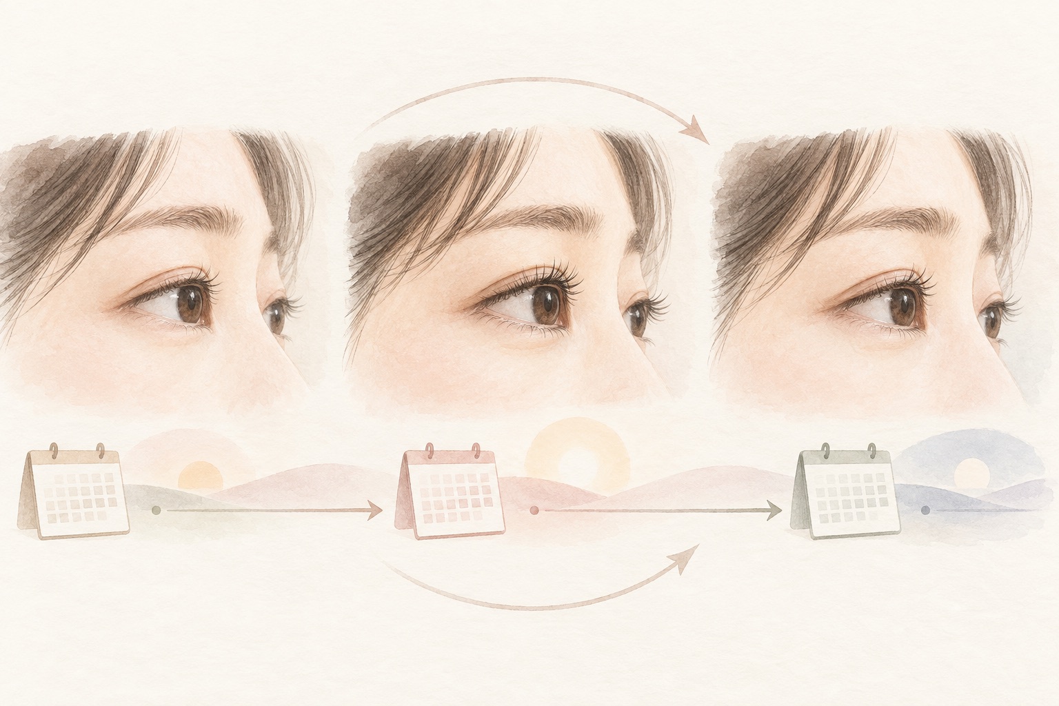 カレンダーの月日が進むにつれて、まつ毛の印象が少しずつ変わっていく様子を3つの横顔で表した水彩イラスト
