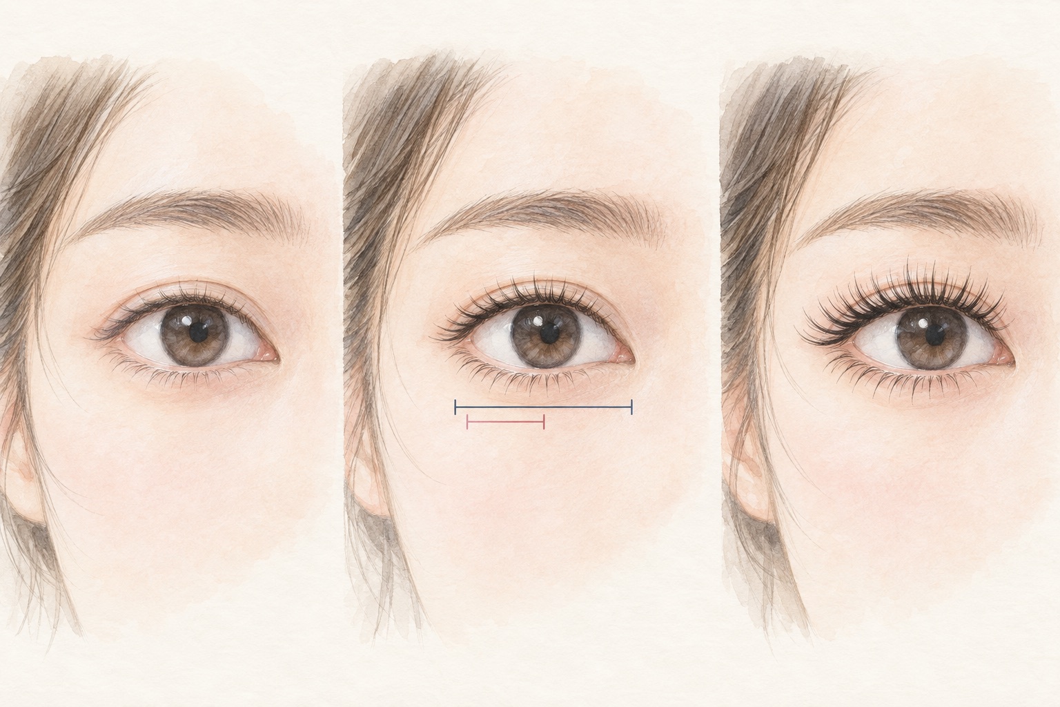 まつ毛の長さが異なる3つの目元を並べた水彩イラスト