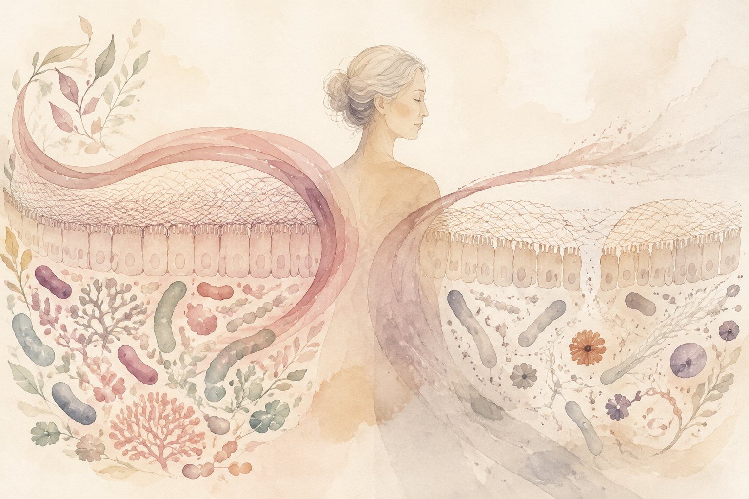 女性ホルモンの守りが薄くなり、腸の壁と腸内細菌のバランスが変わっていく様子を表した淡い水彩イラスト