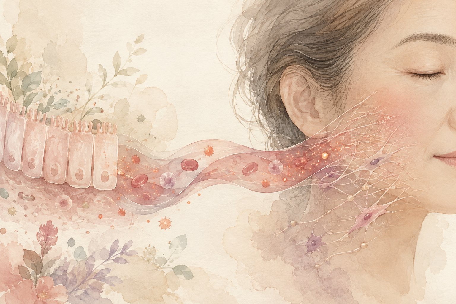腸の壁から血液を通って肌へつながる流れを、穏やかな光と細い線で描いた淡い水彩イラスト