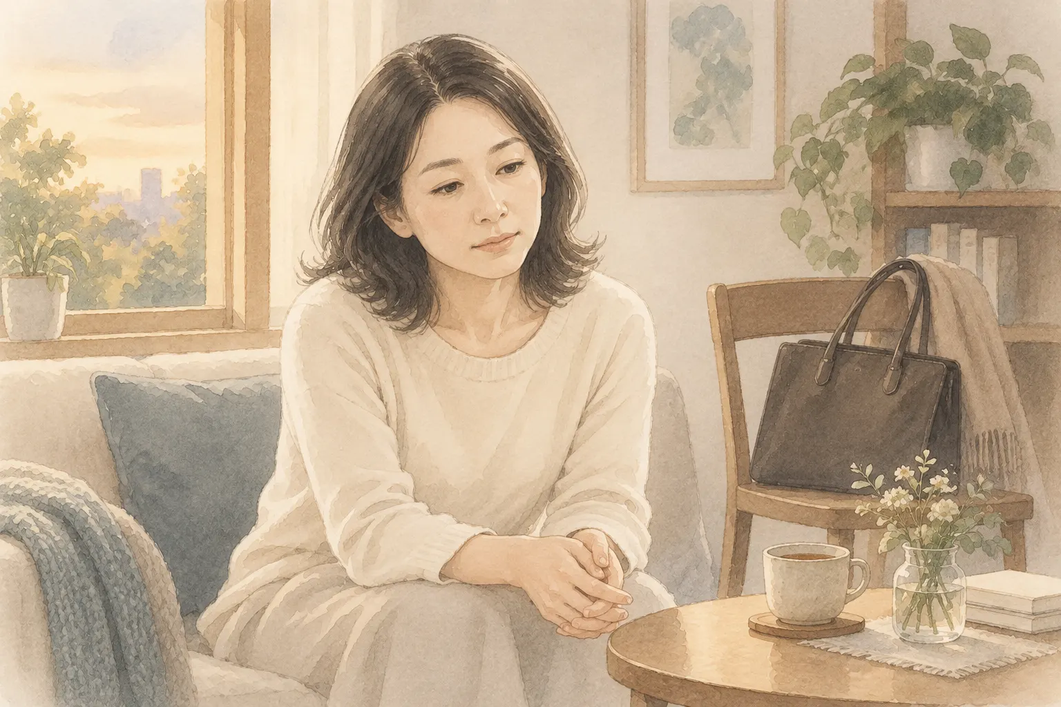 仕事へ向かう鞄を横に、窓辺で静かに座り込む40代後半の女性の水彩イラスト。更年期の不調と心の落ち込みを抱えていた頃のイメージ