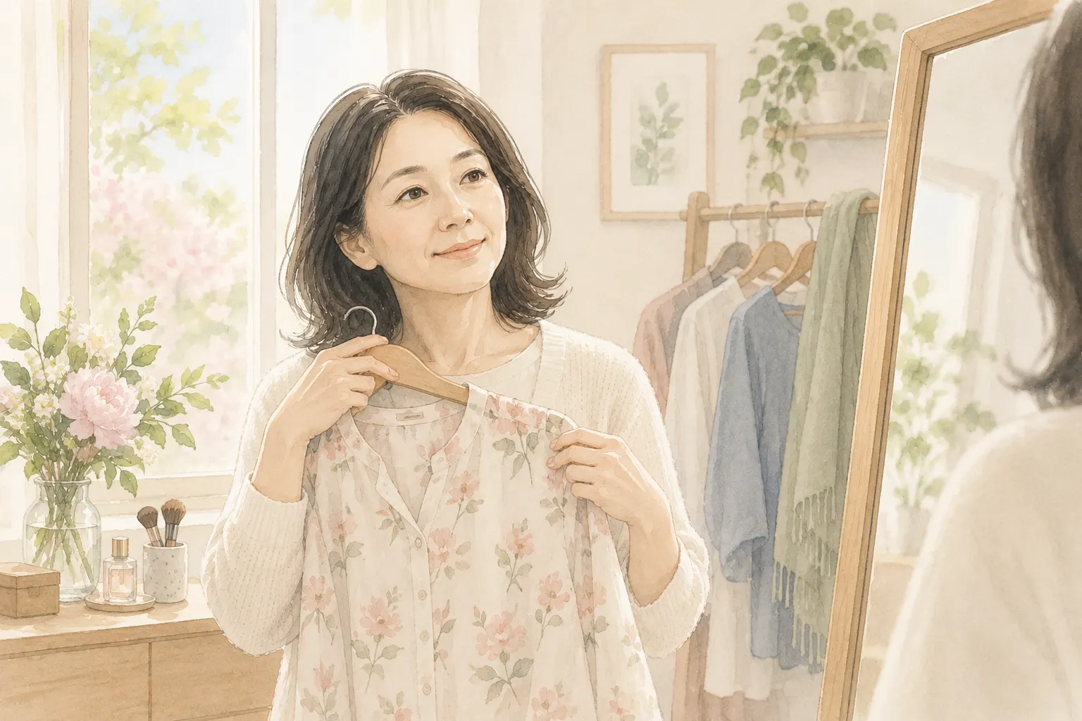 春の光の中で服を選び、鏡に向かって小さく微笑む40代後半の女性の水彩イラスト。回復し、前向きに進み始めた頃のイメージ
