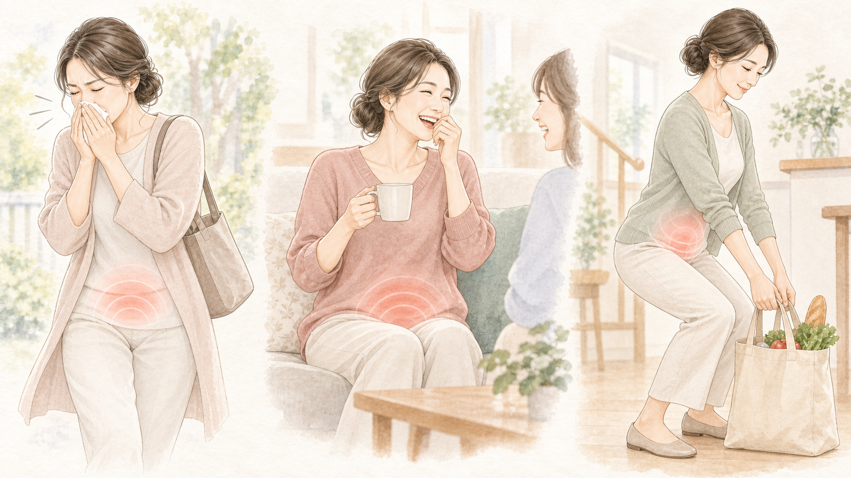 くしゃみ・笑い・荷物を持ち上げる場面で腹圧がかかる様子のイラスト