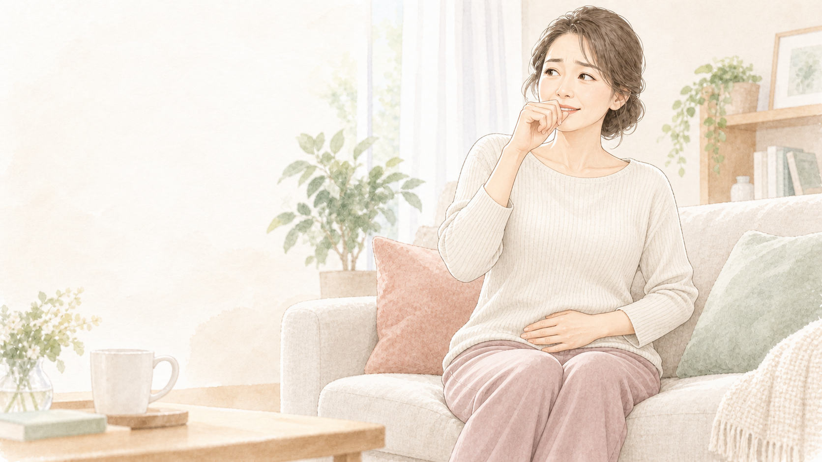 骨盤底筋のトレーニングが正しくできているか思案する女性のイラスト