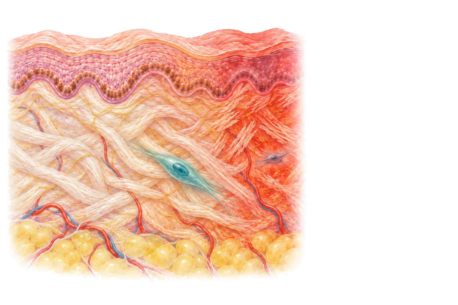 皮膚の断面の水彩イラスト。真皮に広がるエネルギーによる刺激が左から右へ強くなり、刺激が足りない部分、細胞の活動が促される適切な刺激の部分、損傷に至る過剰な刺激の部分が描かれている