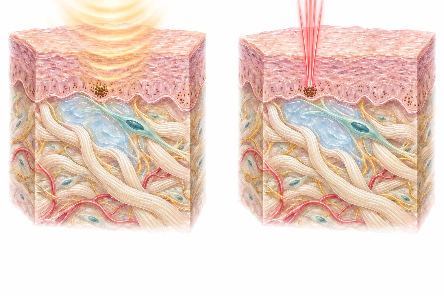 二つの皮膚の断面を並べた水彩イラスト。左は超音波の熱と架橋ヒアルロン酸で線維芽細胞とその周囲に働きかけて肌を準備する段階、右はその後にピコ秒アレキサンドライトレーザーで色素を狙う段階