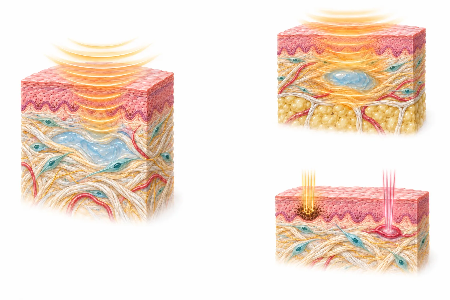 3つの皮膚の断面を並べた水彩イラスト。共通の準備としてCrossTALKで皮膚の状態へ働きかけたあと、顔全体の若返りを目指した症例ではRFとヒアルロン酸注入、肌全体の質を整えることを目指した症例では色素を狙うレーザーと血管を狙うレーザーへと分かれる