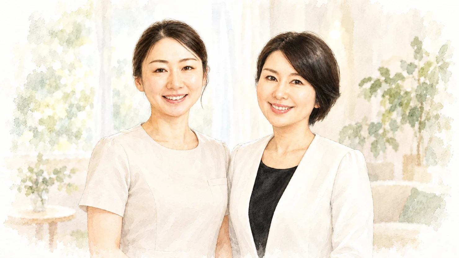 スタッフの吉冨さん（左）と戸井田さん（右）が並んで微笑む水彩イラスト