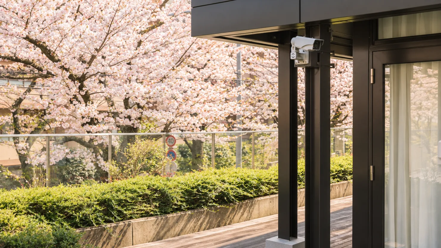 満開の桜を望む、ウッドデッキの続く建物の入口