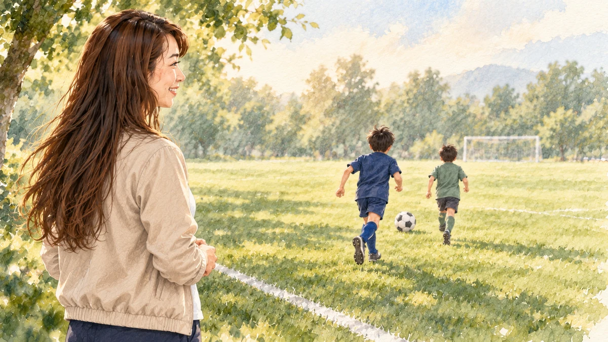 グラウンドの手前から、サッカーに打ち込む二人の子どもを見守る母親を描いた水彩イラスト