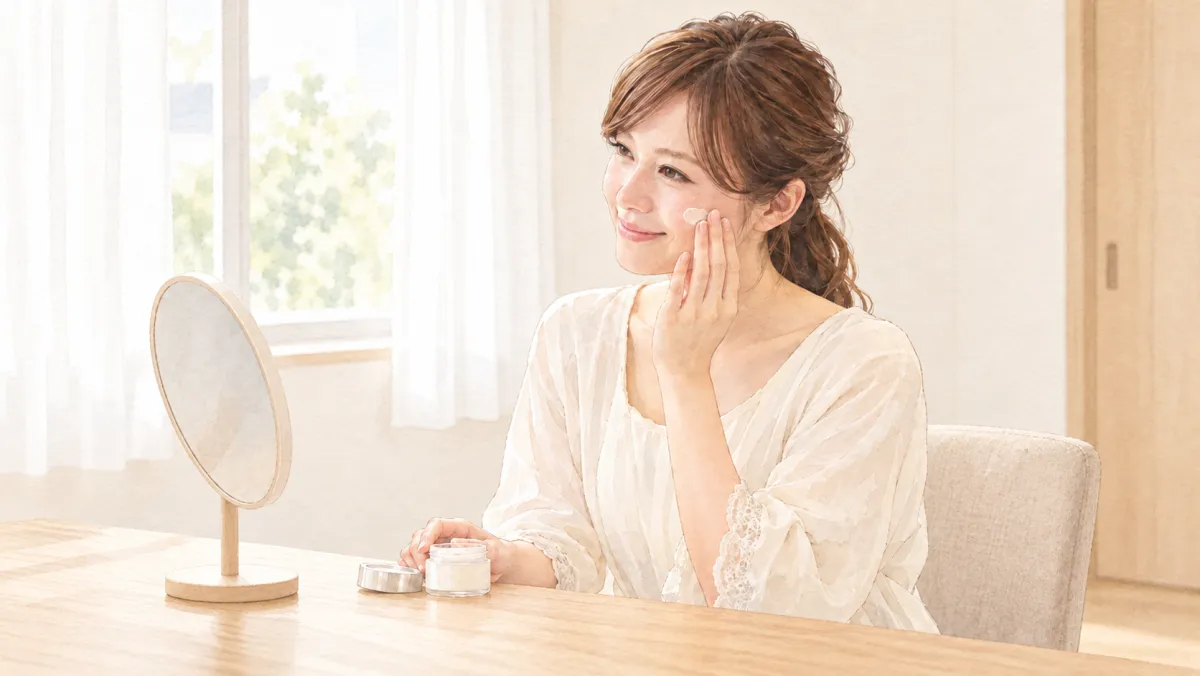 患者様が自宅の鏡台で、頬にクリームをなじませている水彩イラスト。保湿を中心としたホームケアのイメージ