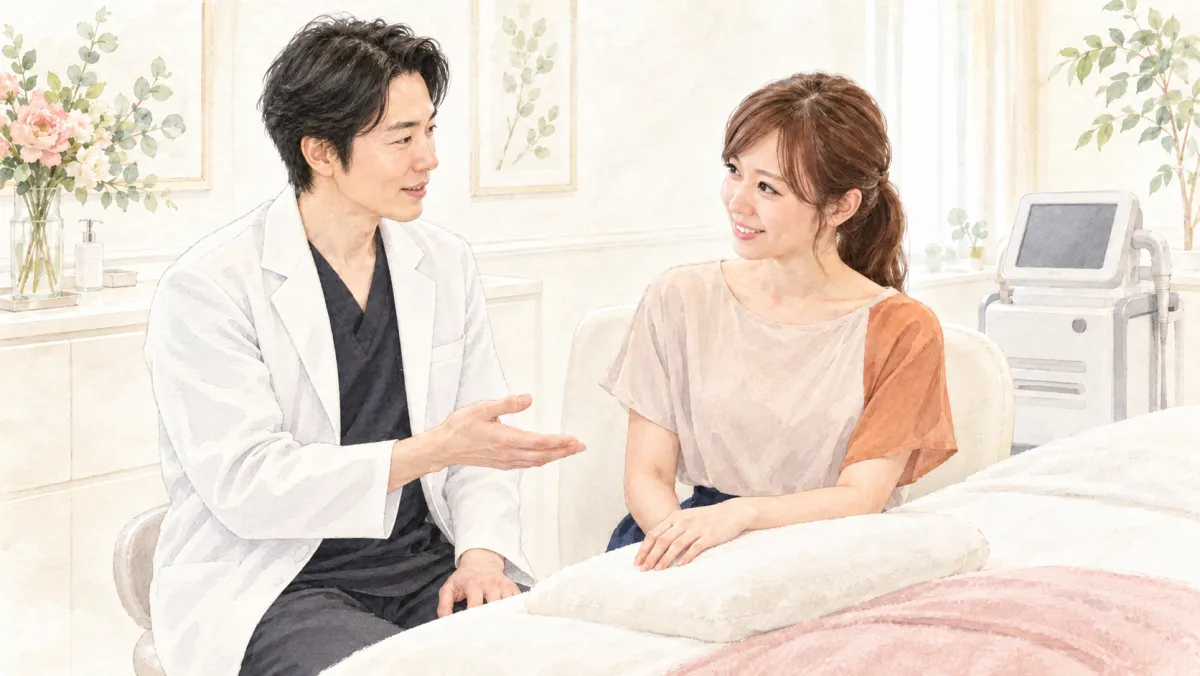 院長 奥 謙太郎が施術ベッドの脇で、手ぶりを交えて施術の流れを説明している水彩イラスト